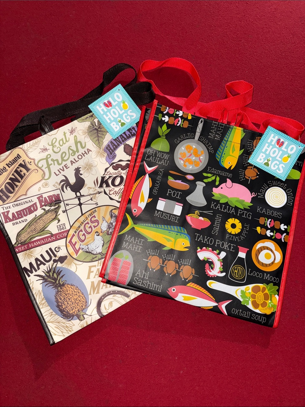 2 HOLO HOLO BAGS Reusable Tote Bag Hawaiian Food Prints NWT
